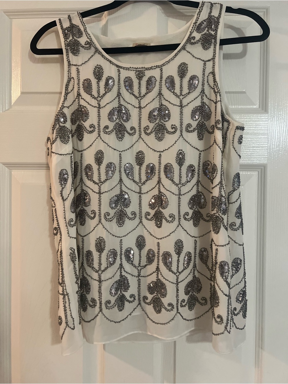 Daniel Cremieux White Sleeveless Tank with Silver Sequin Motif